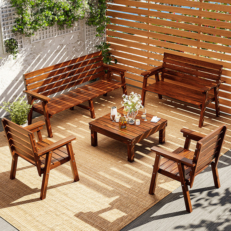 户外庭院露天沙发室外露台花园休闲椅实木茶几组合阳光房防水防晒