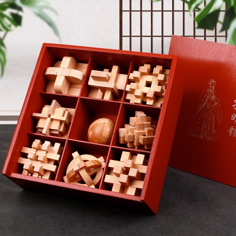 孔明锁鲁班锁全木盒儿童智力解环小学生8益智九连环高难度