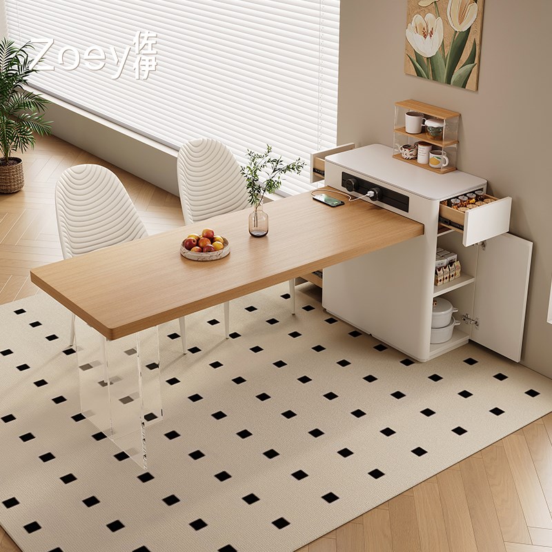 奶油风岛台餐桌一体小户型家用伸缩实木饭桌风高级悬浮中岛台