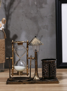 创意复古欧式小灯夜灯桌面床头带笔筒沙漏送女男朋友闺蜜礼品