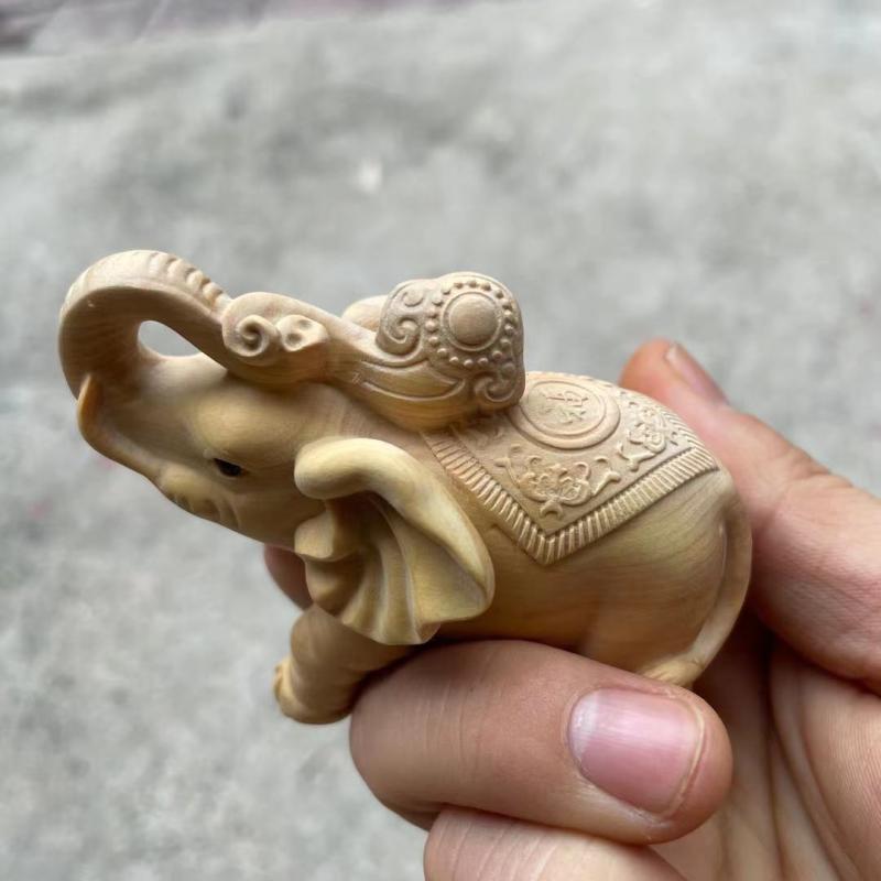 小叶黄杨木雕吉祥如意大象摆件雕刻工艺品实木小象家居装饰手把玩