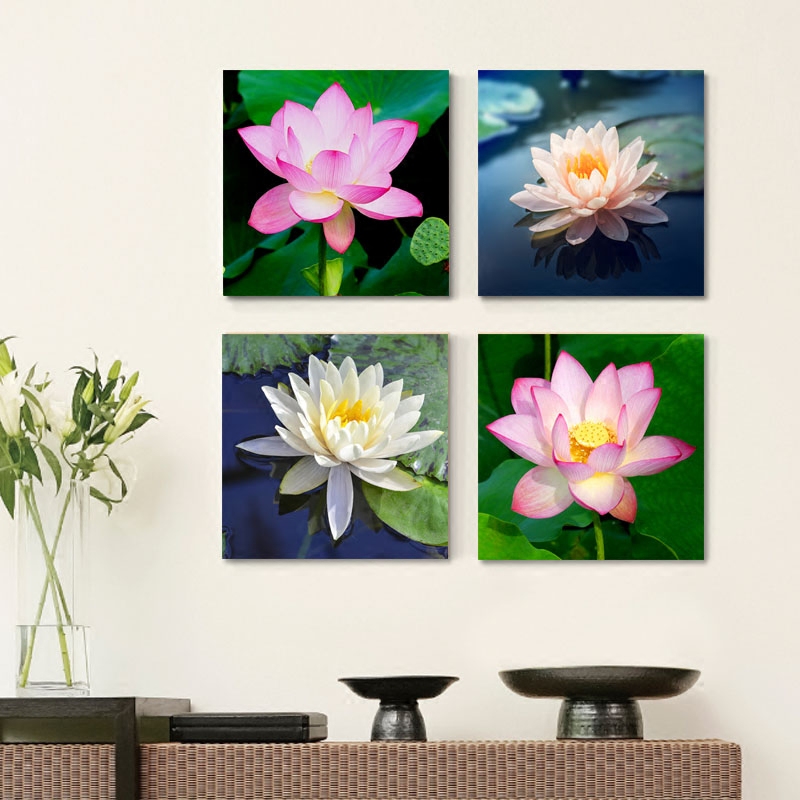 荷花装饰画现代简约餐厅挂画楼梯间走廊过道墙画三联卧室床头壁画图片