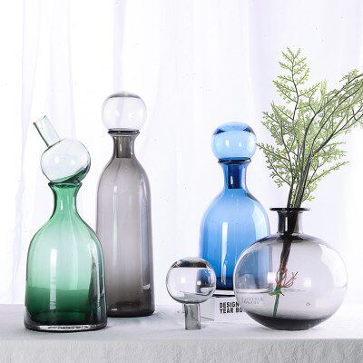 北欧轻奢简约创意酒瓶造型玻璃工艺品花瓶摆件居家样板间软装饰品