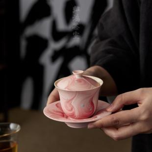 歸鴻 景德鎮(zhèn)粉色三才蓋碗小號80ml單個高檔手繪懸停女士茶碗牧漁
