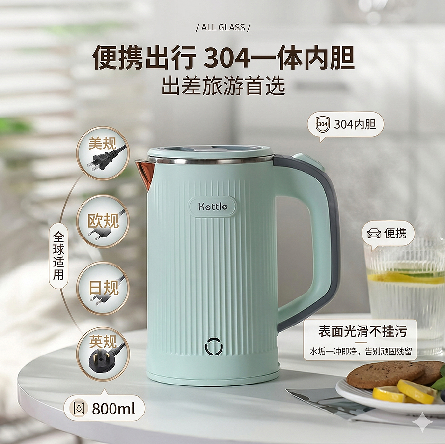 跨境出口110v美标小型烧水壶加热水壶电热水壶日规欧英规出国旅行