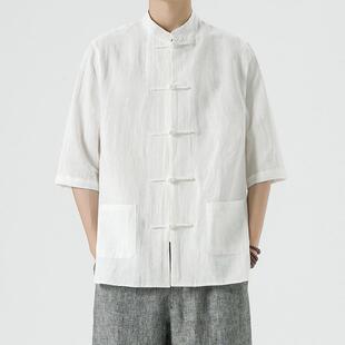 中國(guó)風(fēng)男裝 七分袖 唐裝 棉麻男士 中式 襯衣夏季 2025新款 復(fù)古 亞麻襯衫