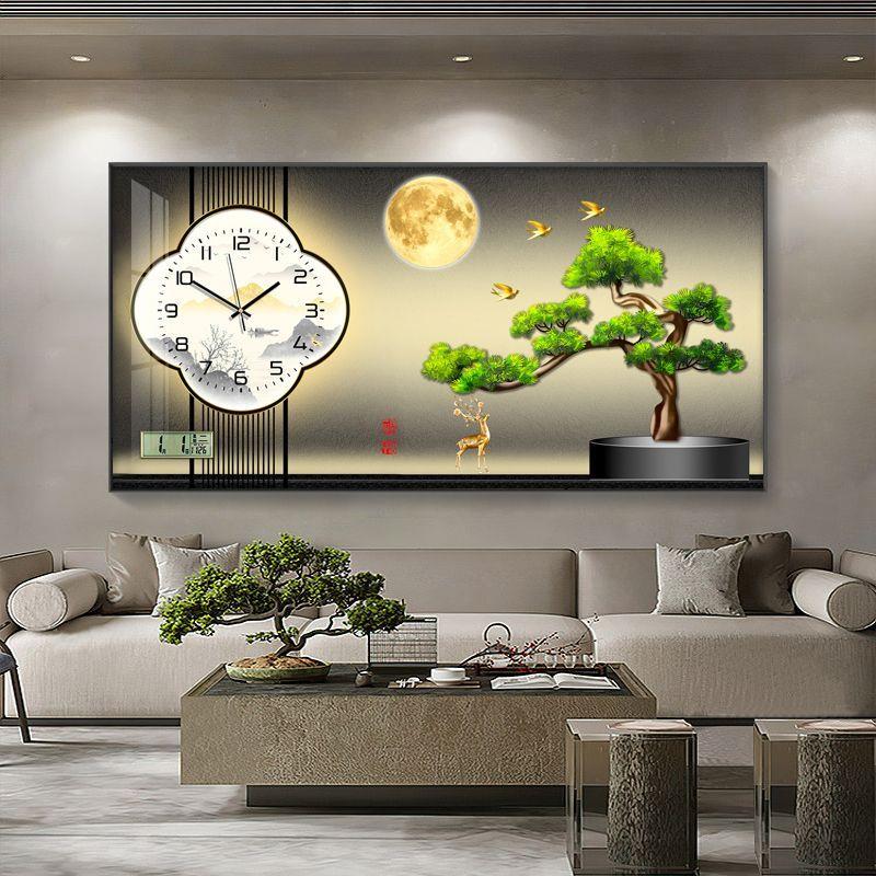 现代轻奢迎客松钟表挂钟客厅万年历电子钟餐厅装饰挂画表挂墙时钟