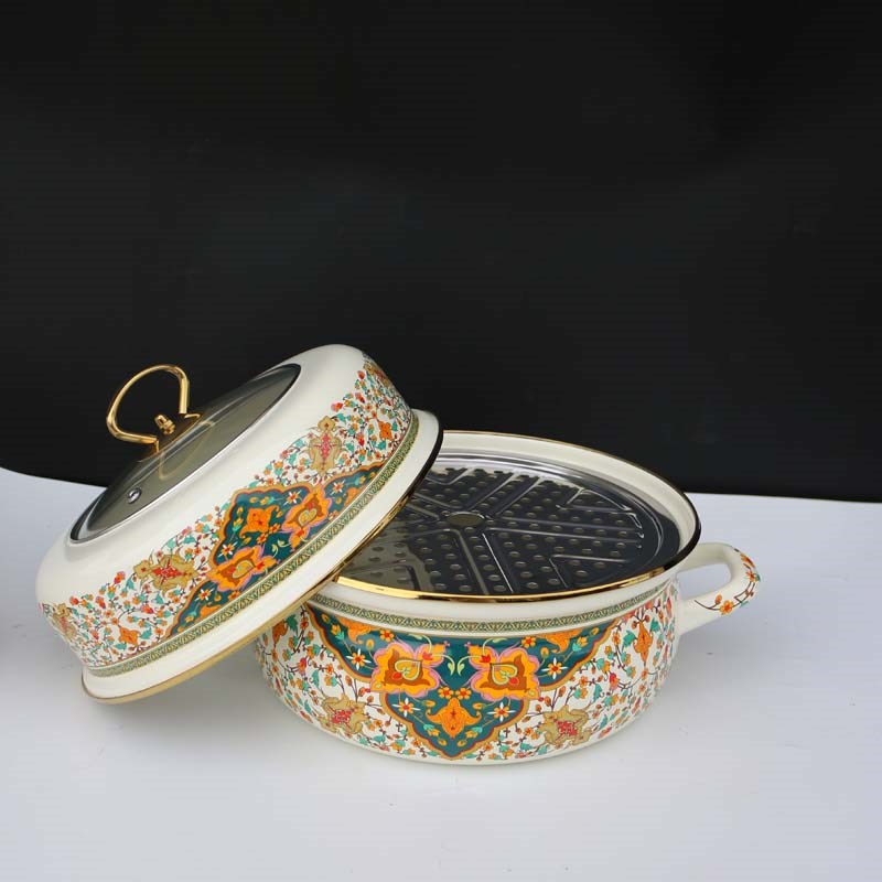 珐琅搪瓷单层蒸煮锅海鲜炖锅家用煮锅一体带篦子多层蒸锅蒸包子鱼