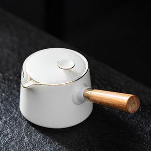 羊脂玉描金木把侧把壶家用手工白瓷茶壶简约陶瓷功夫茶具木柄茶壶
