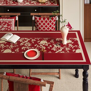 饰垫子防水防油高级感桌布 锦鸣枝红色喜庆餐桌垫皮革桌垫长条装