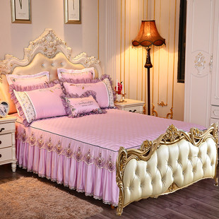 欧式 无床尾蕾丝夹棉床裙三件套灰色床罩豆沙色席梦思防滑防尘床套