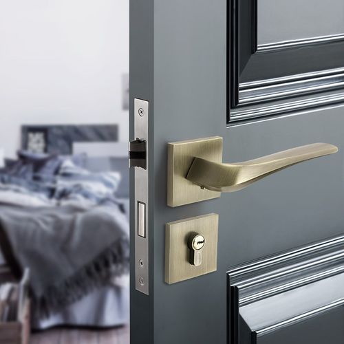 酷隆静音门锁室内卧室分体锁把手房间实木门锁黄古铜磁吸锁三件套