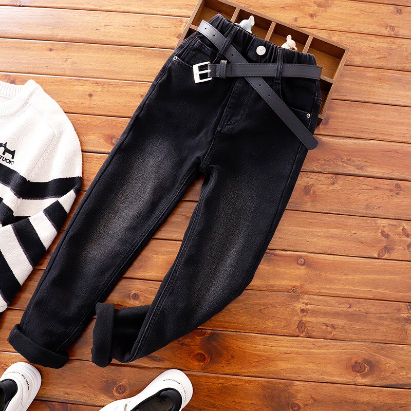 男童黑色薄绒瘦版牛仔小脚裤儿童秋冬裤子中大童修身底抓毛牛仔裤