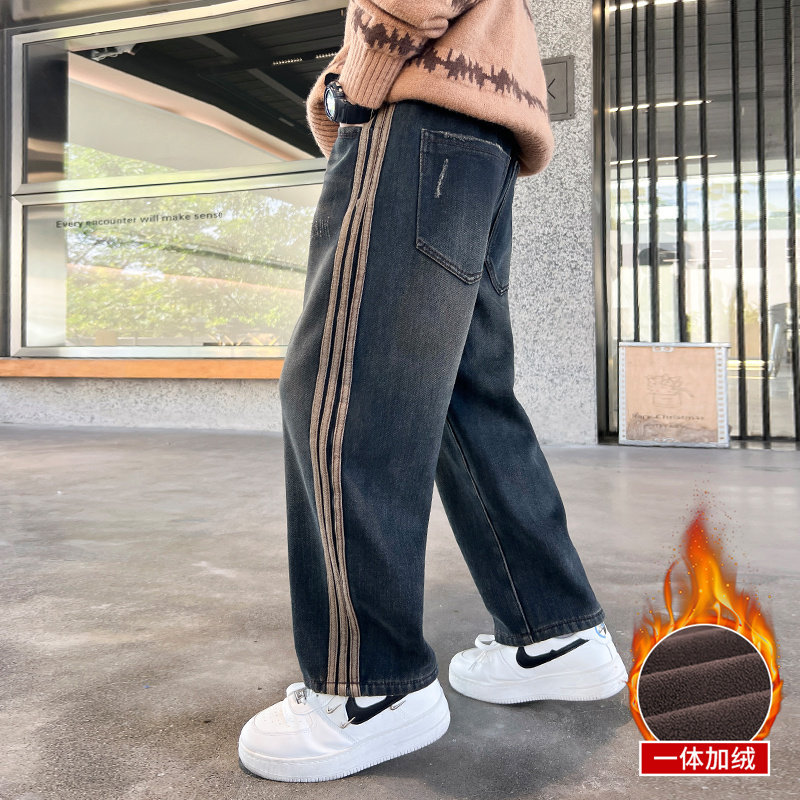 童装男童冬季直筒加厚长裤2023新款儿童中大童加绒牛仔裤秋冬棉裤