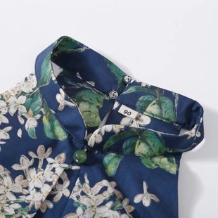 2022夏季新款女童连衣裙中小童无袖旗袍蓝色丁香花旗袍裙宝宝汉服