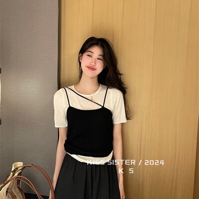 Kiss sister叠穿层次感假两件针织衫女百搭短款修身休闲短袖上衣