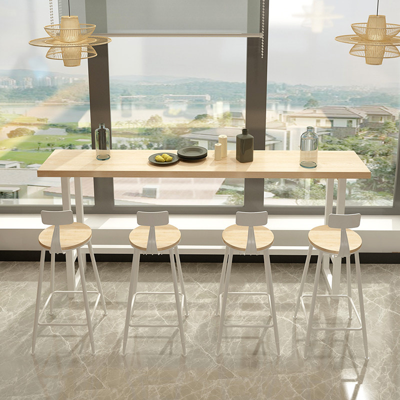 简约风铁艺实木家用吧台桌靠墙长条咖啡厅奶茶店高脚酒吧桌椅组合