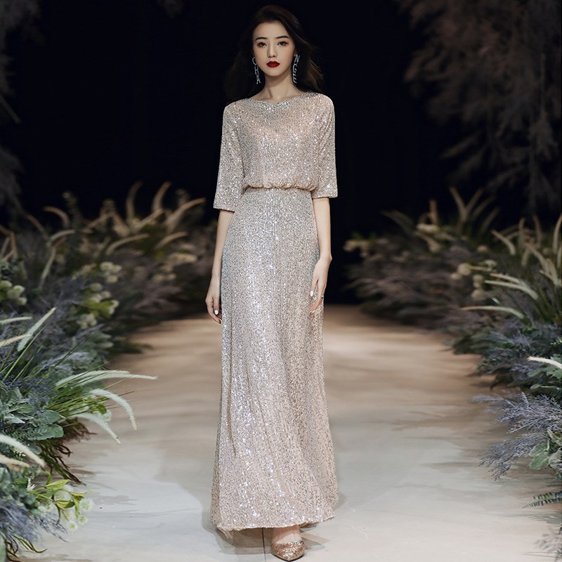 小个子中长亮片晚礼服女气质高级感主持人高腰长裙年会聚会宴会明