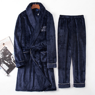 秋冬季法兰绒睡袍加厚保暖男士睡衣秋冬款大码珊瑚绒浴袍加绒长款