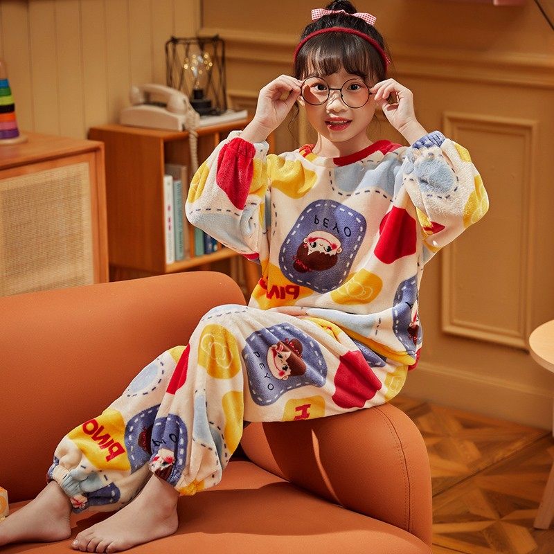 儿童珊瑚绒秋冬季女童睡衣加厚法兰绒中大童小女孩学生家居服冬款