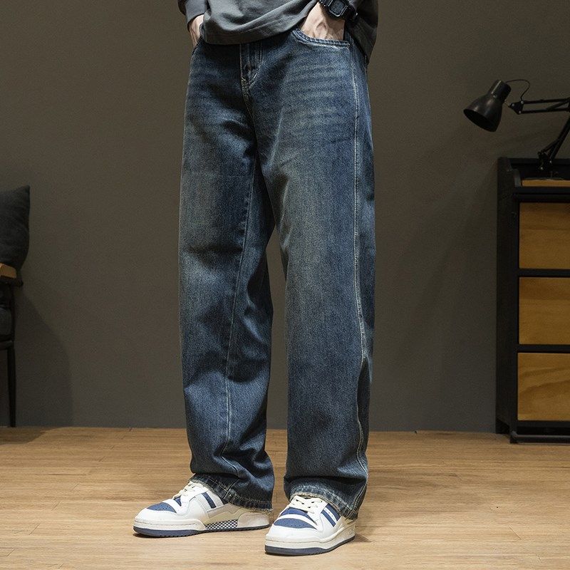 加绒复古深色牛仔裤男秋季怀旧水洗直筒长裤裤宽松大码男士阔腿裤