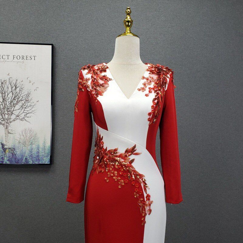 高端晚礼服简约气质年会主持裙端晚礼服长袖修身显瘦鱼尾裙宴会裙