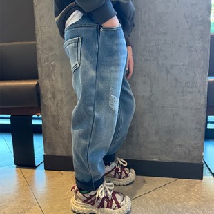 男童加绒牛仔裤子浅蓝小脚裤厚2024冬季新款宝宝小中大潮儿童长裤