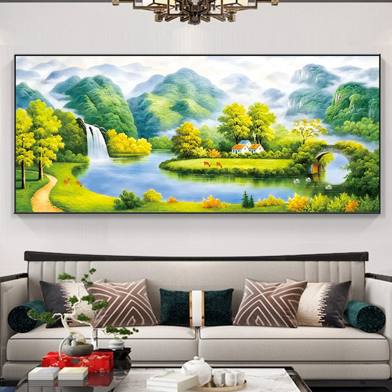 流水生财聚宝盆十字绣2023新款线绣客厅大幅山水画风景自己绣手工