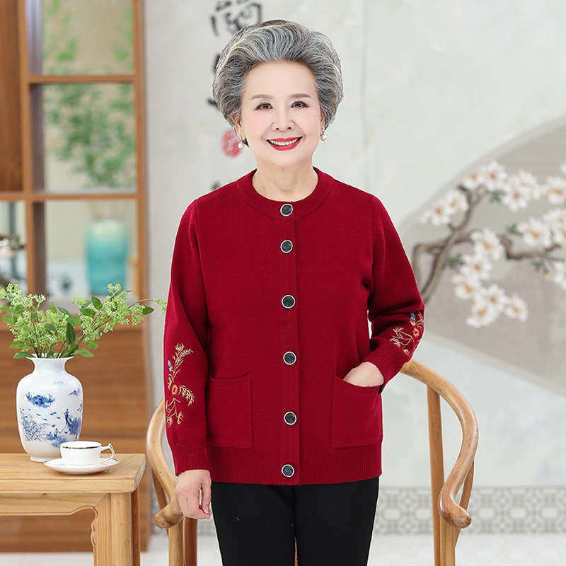 老年人春秋装女6070岁加绒加厚毛衣开衫奶奶装羊毛针织衫妈妈外套