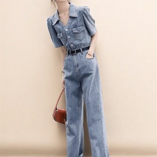 短袖牛仔连体裤女2024夏季新款高腰显瘦气质薄款工装长裤连衣裤子