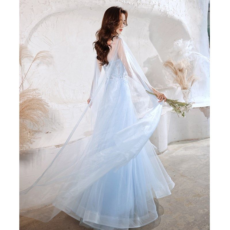 蓝色小晚礼服裙2024新款艺考主持人高级感大合唱团古筝演出服成人