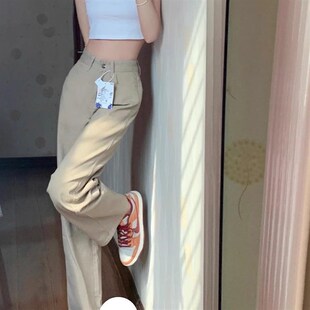 直筒牛仔裤女2025夏季新款高腰显瘦卡其色小个子窄版垂感阔腿裤子