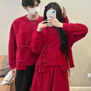 新年红色新中式上衣秋冬季加绒加厚卫衣情侣装套装裙两件套高级感