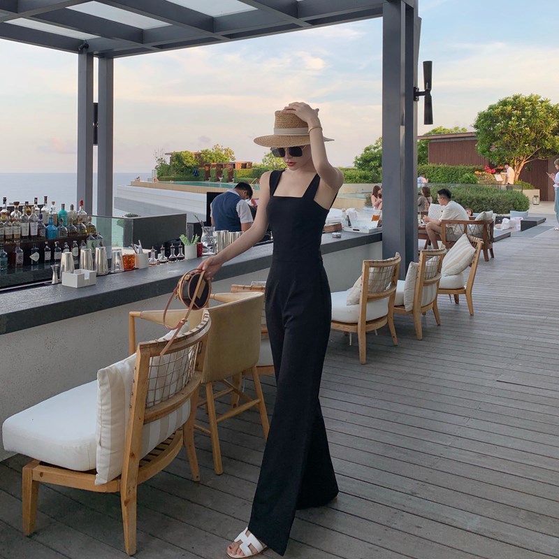 2024新款高腰无袖吊带连体裤女春夏收腰背带裤直筒阔腿拖地裤长裤