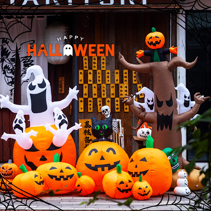 万圣节商场装饰大型卡通南瓜蜘蛛幽灵气模电动充气泵自动打气气球