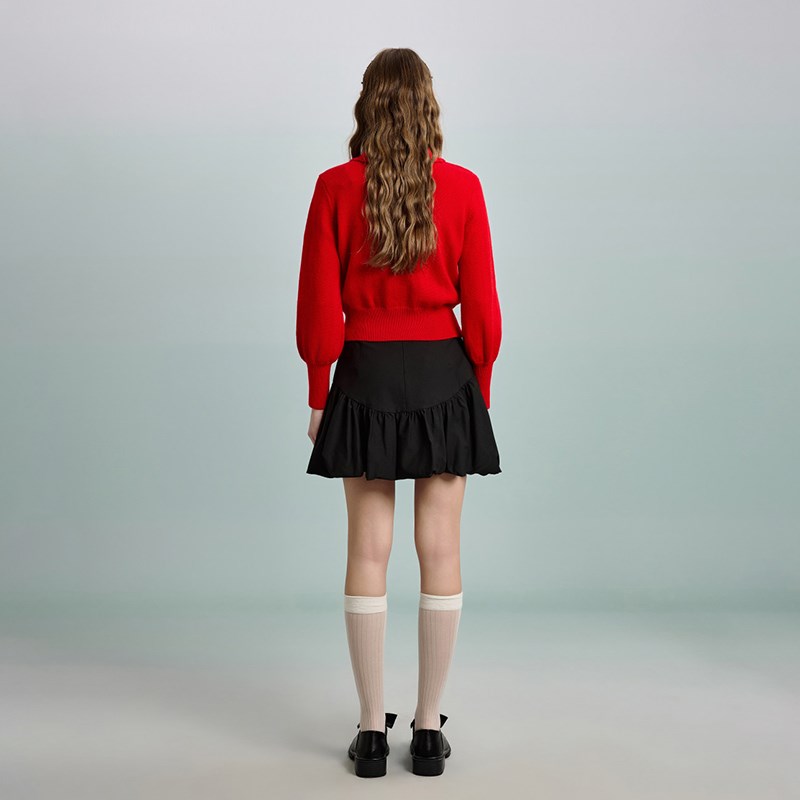 PIT复古国风娃娃领盘扣毛针织衫红色跨年新年百搭打底上衣内搭