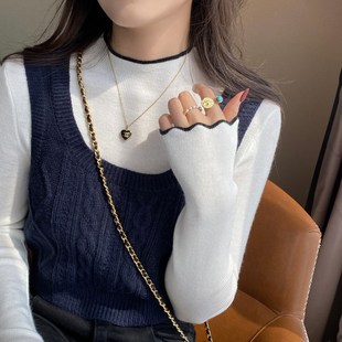 灰色针织半高领木耳边打底衫女内搭2025秋冬新款修身毛衣气质上衣