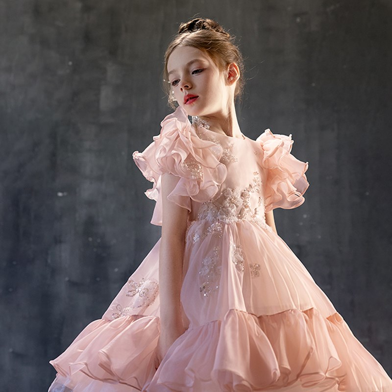 女童礼服高端粉色短款公主裙走秀生日花童主持钢琴表演儿童演出服