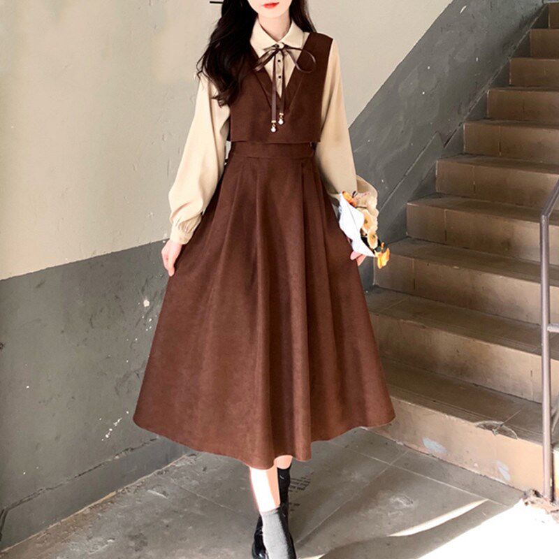 学院风衬衫拼接假两件连衣裙女秋冬大码法式复古红色灯芯绒长裙子