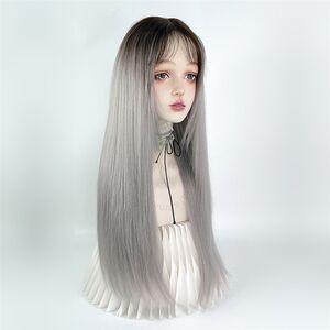 美立方假发银灰白色渐变中分挑染长直发手勾前额蕾丝全头套女y2k