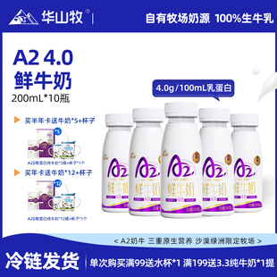 华山牧A2鲜牛奶4.0g蛋白营养早餐奶200mlx10瓶/箱新鲜日期低温奶