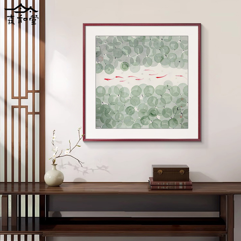 新中式九鱼图餐厅小清新正方形入户玄关装饰画客厅背景墙走廊挂画图片