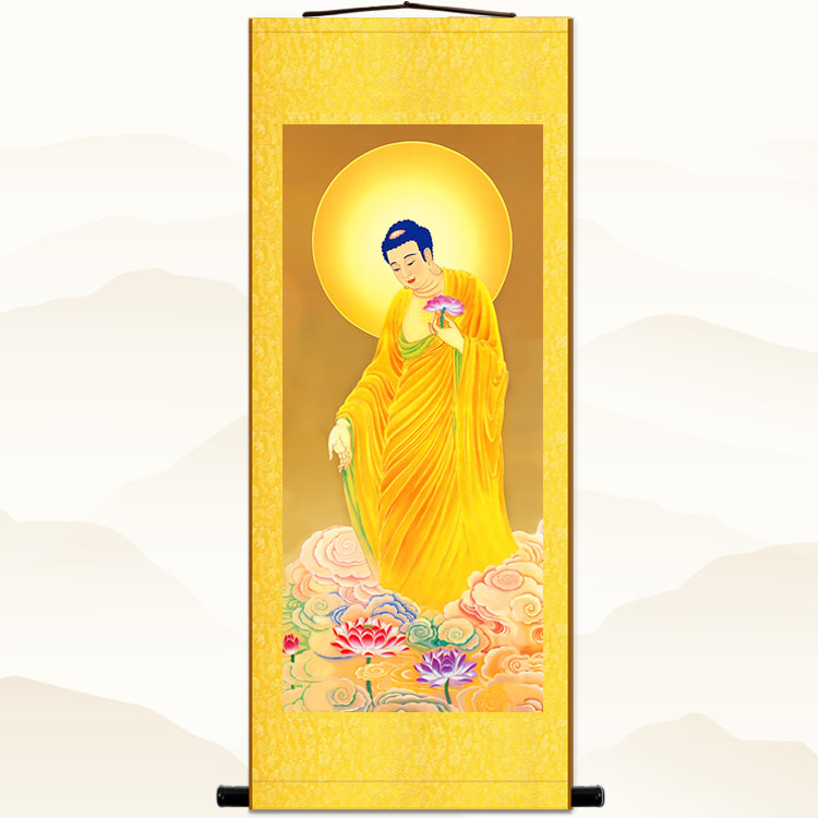 高清阿弥陀佛接引佛图挂画 佛堂中式装饰画 绢布材质卷轴挂画定制