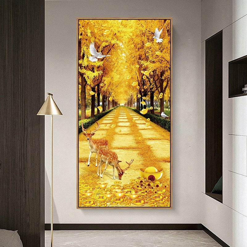 黄金满地装饰画枫叶画风景油画客厅过道走廊玄关画酒店卧室壁画鹿