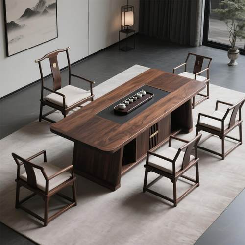 新中式北美黑胡桃木茶桌椅组合功夫实木茶台办公室休闲 茶室泡茶