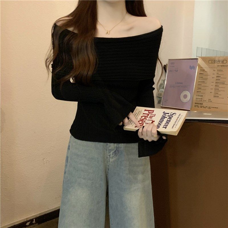 秋冬季新款一字肩长袖打底针织衫上衣气质高级感露肩喇叭袖毛衣女,女装/女士精品,毛针织衫,淘宝优惠券,粉丝福利购,淘宝优惠卷