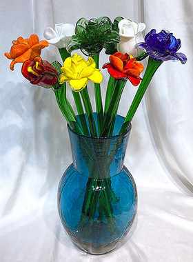 法式田园风格彩色琉璃玻璃花朵装饰轻奢软装客厅卧室台面桌面摆件