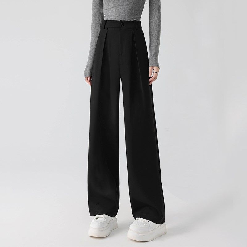 TR面料高级感灰色高腰显瘦宽松垂感梨型身材双褶阔腿西装裤女春夏