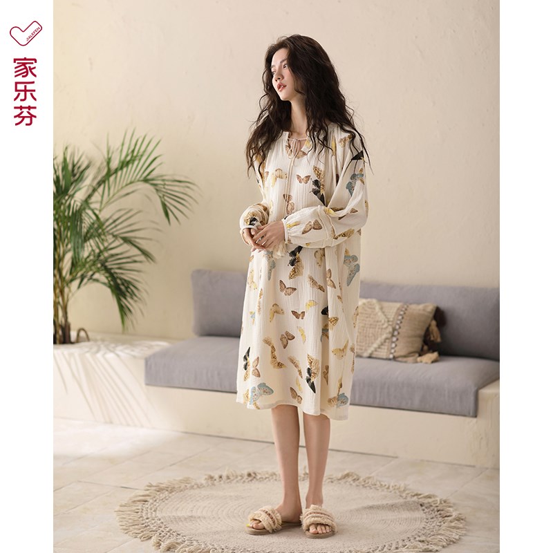 家乐芬睡裙女睡衣春款春夏季夏款纯棉纱布全棉长袖春秋薄款连衣裙