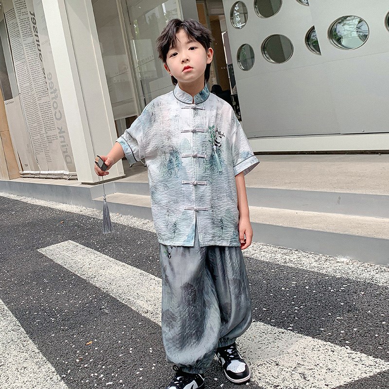 男童夏季汉服短袖套装2024新款儿童国风新中式古风薄款演出服唐装